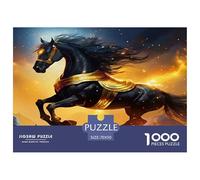 Pferde-Puzzle 1000 Teile Tolle Geschenkidee Lernspiel Entspannung Schwarzes Pferd mit goldener Dekoration springt 70x50cm/1000 Teile