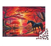 Pferde-Puzzle Extrem Schwierig 1000 Teile Pferd bei Brücke in rotem Wald Hart Und Herausfordernd 38x26cm/1000 Teile
