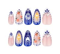 Pffiocix 24 Pcs Blue White French Tip Press On Nails Short Almond False Nails Full Covers Stick on Nails Flowers Acrylic