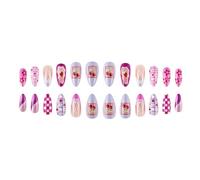 Pffiocix 24 Pcs French Tip Stick on Nails Strawberry False Nails Almond Mediums Press On Nails with Plaids Flower Acrylic