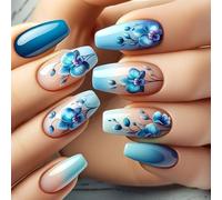 Pffiocix 24 Pcs Short Ballerinas False Nails Flowers Artificial Nails Blue Gradients Stick On Nails Glossy Press On