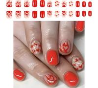 Pffiocix 24 Pcs Short Round False Nails Love Heart Artificial Nails Lovely Stick on Nails Valentines Day Press On