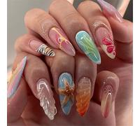 Pffiocix 24Pcs Press on Nails Almond False Nails Full Covers Acrylic French Artificial Nails with 3D Sea Sea Shell Designs