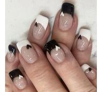 Pffiocix 24x Valentines Day Press On Nails Mediums Square False Nails Black White Heart Stick on Nails French Tip Acrylic