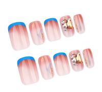 Pffiocix 30 Pcs Blue French Tip Press On Nails Short False Nails Glittering Full Covers Stick on Nails Rhinestones Acrylic