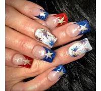 Pffiocix 4th of July Press on Nails Square French Tip Fake Nails Independence False Nails with Red Blue Glitters Stick