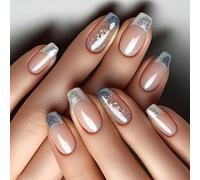 Pffiocix Almond Press On Nails French Tip False Nails with Glitters Leaf Designs Full Covers Stick on Nails for Elegant