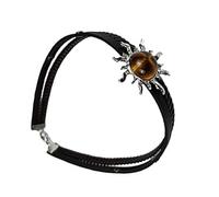 Pffiocix Brown Leather Double Layer Necklace Sun Pendant Clavicle Chain Handmade Choker for Styles and Casual