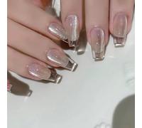 Pffiocix Cats Eye Press on Nails Glass Coffin Acrylic Fake Nails Reusable Stick on Nails for DIYS Nails Art Manicure