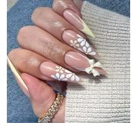 Pffiocix Elegant French Styles Long Press on Nails with Flower and Bows Detail Stick on Nails False Nails for Fashionable Women