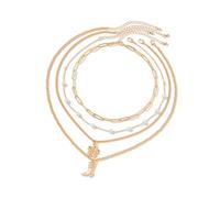Pffiocix Elegant Multi Strands Gold Necklace Set with Pearls Accents and Boot Charm Stylish Clavicle Chain for Women
