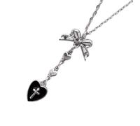 Pffiocix Gothic Styles Sturdy Alloy Necklace with Black Heart Bowknot Charm Decoration for Trendy Women Men Gothic