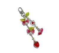 Pffiocix Japanese Styles Strawberry Floral Keychain Charm Accessory Vintage Acrylic Keyring Adornment for Bags Backpacks