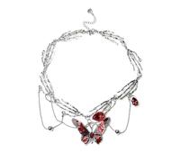 Pffiocix Red Enameled Butterfly Tassels Multi Layer Necklace Elegant Adjustable Length Neckchain Alloy Jewelry