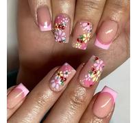 Pffiocix Square Press on Nails Flower Fake Nails Stick on Nails in 12 Sizes,24 Pcs French Nails Tips for Nails Art