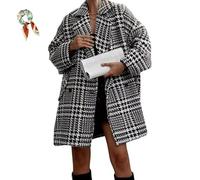 PFHHUDCV Women Winter Houndstooth Wool Blend Coat,Notch Lapel Mid Long Double Breasted Peacoat,Casual Loose Warm Outwear