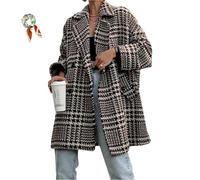 PFHHUDCV Women Winter Houndstooth Wool Blend Coat,Notch Lapel Mid Long Double Breasted Peacoat,Casual Loose Warm Outwear