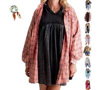 PFHHUDCV Women's Seams Raw Edge Washed Oversized Shirt Jacket with Pockets,Flannel Button Down Long Sleeve Plaid Coats