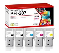 PFI-207 Ink Tank 300ml 5-Pack Replacement for Canon PFI-207MBK PFI-207BK PFI-207C PFI-207M PFI-207Y Ink for imagePROGRAF IPF680 IPF685 IPF780 IPF785 Printer (Matte Black, Black Cyan Magenta Yellow)