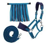 PFIFF Sunny 103103 Headcollar Set, 3-Piece Set Consisting of Headcollar, Knit and Fly Fringes, Individually Adjustable, Blue/Light Blue, Full