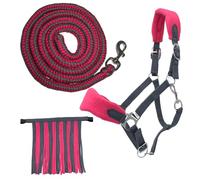 PFIFF Sunny 103103 Headcollar Set, 3-Piece Set with Headcollar, Knit and Fly Fringe, Individually Adjustable, Grey/Pink, Pony