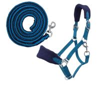 PFIFF Sunny 103103 Headcollar Set, 3-Piece Set with Headcollar, Knit and Fly Fringe, Individually Adjustable, Blue/Light Blue, Pony
