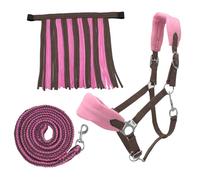 PFIFF Sunny 103103 Headcollar Set, 3-Piece Set with Headcollar, Knit and Fly Fringes, Individually Adjustable, Brown-Pink, Full