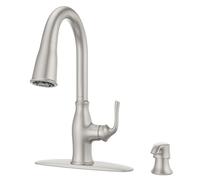 Pfister Rosslyn Kitchen Faucet with Pull Down Sprayer and Soap Dispenser, Single Handle, High Arc, Spot Defense Stainless Steel Finish, F5297RSSRGS