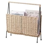 Pfjsseey Magazine Holder, Boho Paper Woven Magazine Rack with Iron Stand, 13.8x3.9x13.8 Inch Book Basket for Newspaper Letter, Living Room, Bathroom, Office, Nursery, Home Decor