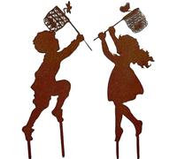 Pfjsseey Metal Fairy Silhouette, Boy Girl Silhouettes Chasing Butterfly Fairy Metal Yard Stakes Vintage Garden Silhouette Sculpture, Yard Garden Stake Rustic Decor for Lawn Family Friends, Boys+girl