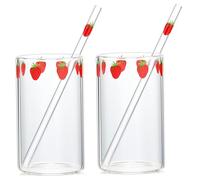 Pfjsseey Strawberry Glass Cup with Straw 2 Set High Borosilicate Glass Strawberry Cups for Women & Girls Multi-Purpose Drinkware for Milk, Juice