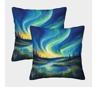 PFQHUAIDH Northern Lights 3D Printed Throw Pillow Case Furniture Decorative Square Fantasy Style Cushion Covers Set of 2 for Home Livingroom Couch Bed Sofa Decorate 40x40cm