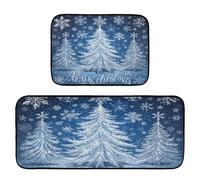 Pfrewn Christmas Winter Kitchen Rug and Mat Set of 2 Crystal Silver Blue Glittering Snowflakes Tree Non Slip Winter Runner Rugs Floor Mats for X-mas Holiday Kitchen Laundry Home Decor