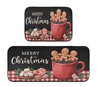 Pfrewn Christmas Winter Kitchen Rug and Mat Set of 2 Gingerbread Man Cup Red Plaid Non Slip Winter Runner Rugs Floor Mats for X-mas Holiday Kitchen Laundry Home Decor