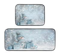Pfrewn Christmas Winter Kitchen Rug and Mat Set of 2 Snowman Snowflake Gifts Blue Silver Non Slip Winter Runner Rugs Floor Mats for X-mas Holiday Kitchen Laundry Home Decor