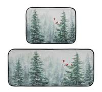 Pfrewn Christmas Winter Kitchen Rug and Mat Set of 2 Snowy Pine Tree Forest Cardinal Non Slip Winter Runner Rugs Floor Mats for X-mas Holiday Kitchen Laundry Home Decor