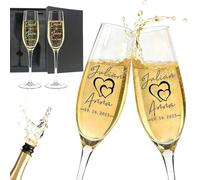 PFTPOW Personalized Wedding Champagne Flutes Set of 2 Customized Mr and Mrs Champagne Flutes Printed Name & Date Gifts for Engagement Bridal Shower Anniversary - Printed