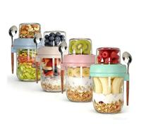 PFUM Overnight Oats Jars with Spoon and Lid 16+4 oz [4 Pack], Airtight Oatmeal Container with Leak-proof Meal Prep Containers Dry and Wet Separation Mason Jars with Lid for Cereal