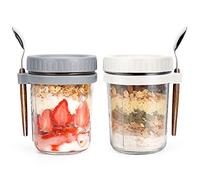PFUM Overnight Oats Jars with Spoon and Lid 16 oz [2 Pack], Airtight Oatmeal Container with Measurement Marks, Mason Jars with Lid for Cereal On The Go Container (grey and white)