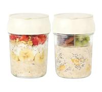 PFUM Overnight Oats Jars with Spoon and Lid 16 oz [2 Pack], Airtight Oatmeal Container with Measurement Marks, Mason Jars with Lid for Cereal On The Go Container (grey and white)
