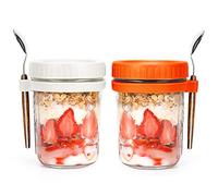 PFUM Overnight Oats Jars with Spoon and Lid 16 oz [2 Pack], Airtight Oatmeal Container with Measurement Marks, Mason Jars with Lid for Cereal On The Go Container (white and orange)