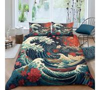 PFYWZJDDTTBD Japanese Style Comforter Covers Duvet Cover 3D Print Waves Quilt Cover for Boys Girls with Zipper Closure Soft Microfiber with Pillow Cases Bedding Set 3 Pieces Double（200x200cm）