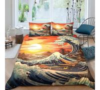 PFYWZJDDTTBD Japanese Style Comforter Covers Duvet Cover Quilt Cover 3D Print Waves for Teens And Adults Bedding Set Soft Microfiber with Pillow Cases with Zipper Closure 3 Pieces Double（200x200cm）