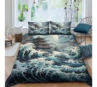 PFYWZJDDTTBD Japanese Style for Teens And Adults Duvet Cover 3D Print Waves Quilt Cover Comforter Covers with Pillow Cases Soft Microfiber with Zipper Closure Bedding Set 3 Pieces Double（200x200cm）