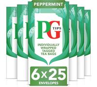 PG Tips | Peppermint Tea Bags Bulk | Individually Wrapped Tea Bags | String & Tagged | Refreshing & Minty Taste | 6 Packs | 150 Plant Based