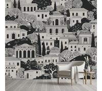 Pggong Ancient Cityscape Silk Fabric Mural Wallpaper, 200x140 cm Murals, Vintage Buildings Houses Wall Mural, Black and White Wall Sticker Self-Adhesive Decoration for Living Room Bedroom