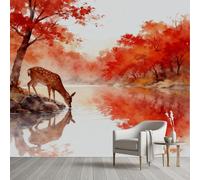 Pggong Autumn Forest Lake Mural Wallpaper, 400x280 cm Mural, Nature Landscape Silk Fabric Wall Murals, Maple Tree Sika Deer Self-Adhesive Wallpaper Poster Decoration for Living Room Bedroom
