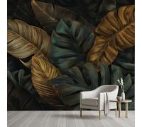 Pggong Banana Monstera Mural Wallpaper, 150x105 cm Murals, Tropical Botanical Leaves Silk Fabric Wall Mural, Dark Green Gold Leaf Self-Adhesive Wallpaper Poster Decoration Living Room Bedroom