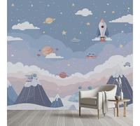 Pggong Cosmic Starry Universe Silk Fabric Wall Mural, 350x256 cm Murals, Astronaut Spaceship Mural Wallpaper, Planet Star Rocket Cartoon Self-Adhesive Wall Sticker Decoration for Living Room Bedroom