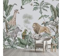 Pggong Tropical Forest Safari Mural Wallpaper, 400x280 cm Mural, Palm Banana Cactus Parrot Silk Fabric Wall Murals, Giraffe Lion Elephant Self-Adhesive Wallpaper Poster Decoration Living Room Bedroom